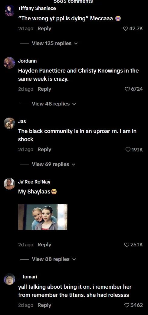Black Community Reacts to Hayden Panettiere's Death — TikTok comment screenshot with fans mourning Hayden Panettiere