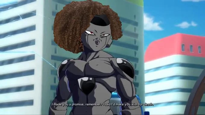Anime still from Dragon Ball Super depicting Black Frieza in an urban environment, showcasing the iconic dark form reveal.