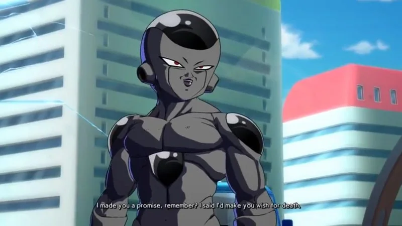 High-quality anime still from Dragon Ball Super featuring the definitive Black Frieza character design reveal in an urban setting.