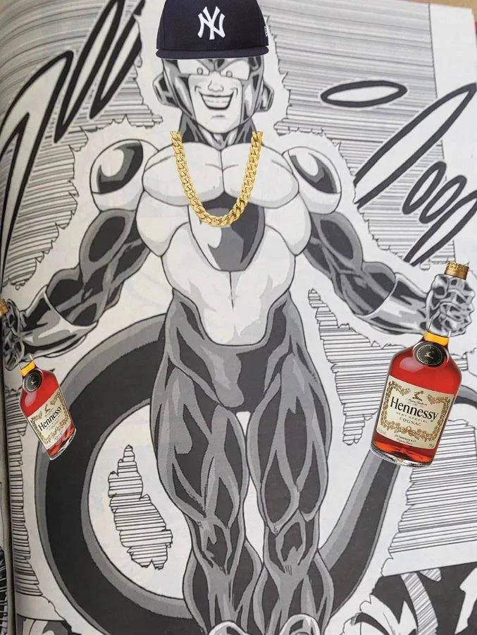 Edited meme version of Black Frieza manga panel featuring comedic additions including a Yankees baseball cap, gold chain necklace, and bottles.