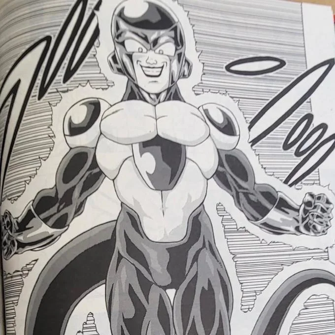 Black and white manga illustration of Black Frieza showcasing the character's distinctive muscular physique and sleek design from Dragon Ball Super chapter 87.