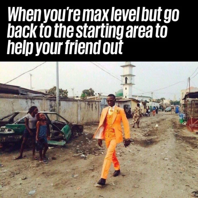 Black Guy In Orange Suit — Gaming meme using the orange suit image about max level players