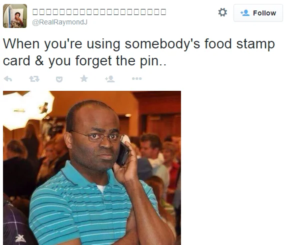 Twitter post using the black guy on the phone meme about forgetting a food stamp card PIN