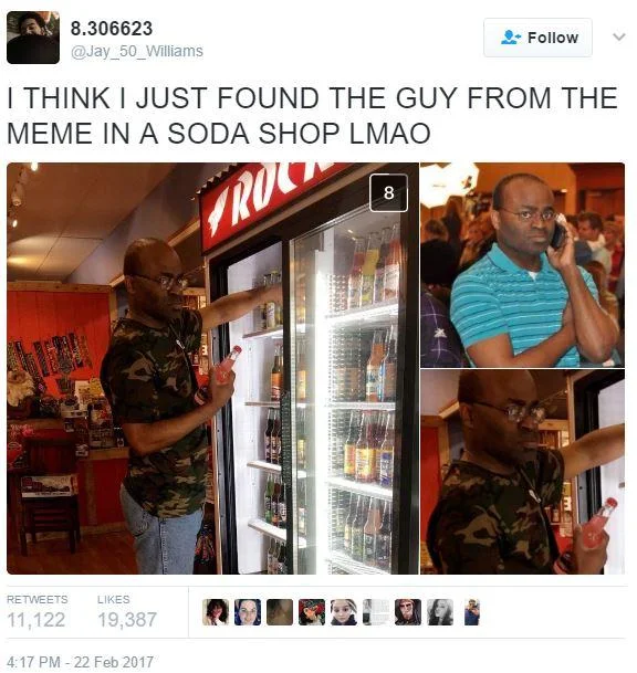 Viral tweet comparing the black guy on the phone meme subject to a lookalike in a soda shop