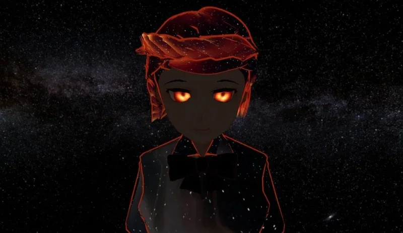 Black Hole Chan — Black Hole-chan anime personification with glowing orange eyes and red hair on a starry background