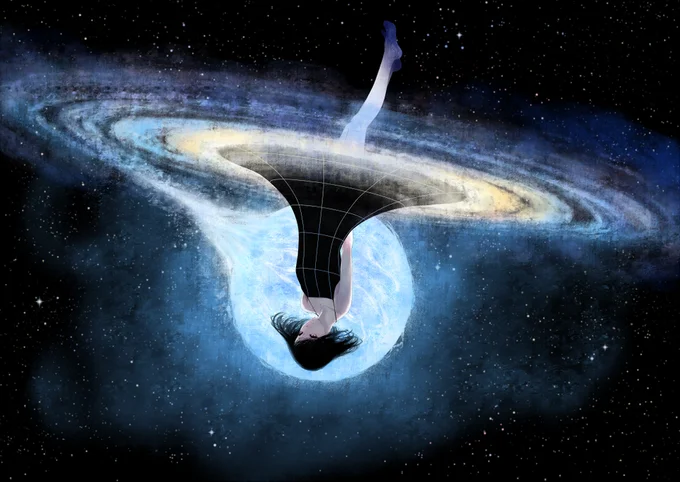 Black Hole Chan — Girl being sucked headfirst into a swirling galaxy black hole in space