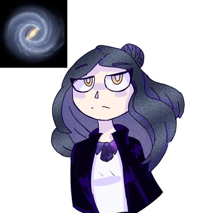 Black Hole Chan — Cartoon of a purple-haired girl beside a spiral galaxy image