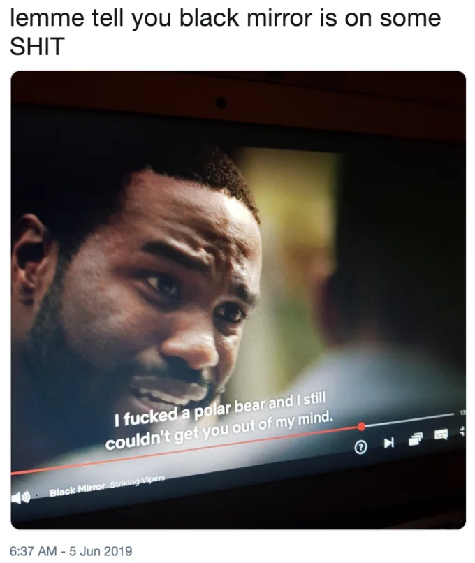 Small tweet with photo of TV screen showing a Black Mirror scene