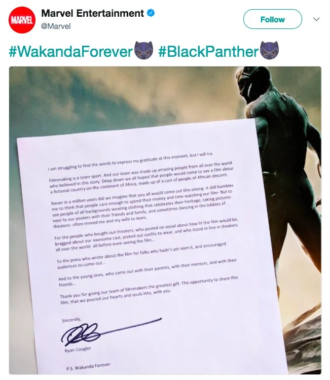 Marvel tweet showing Ryan Coogler's signed thank-you letter about Black Panther
