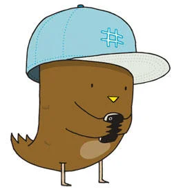 Black Twitter — A cartoon brown Twitter bird character dressed in a light blue baseball cap emblazoned with a hashtag symbol and holding a smartphone.