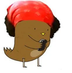 Black Twitter — A cartoon brown Twitter bird character wearing a bright red headwrap or doo-rag and holding a smartphone.
