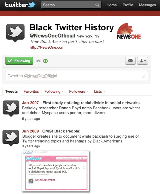 A screenshot of the Twitter profile for 'Black Twitter History' run by NewsOne, chronicling key events in Black Twitter history with the bio 'How Black America
