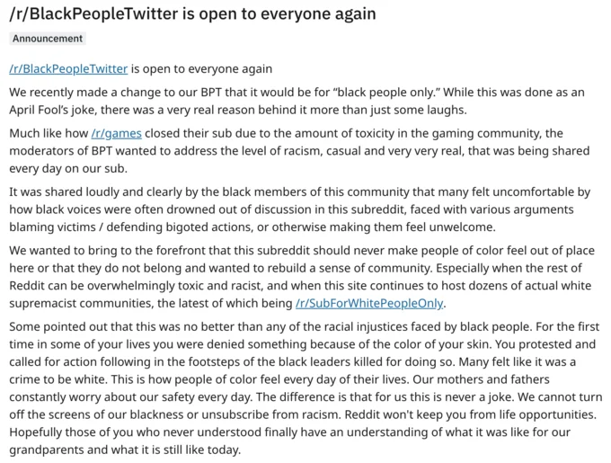 Black Twitter — A text screenshot of r/BlackPeopleTwitter's lengthy moderator statement explaining the temporary Black-only access decision and the need for a