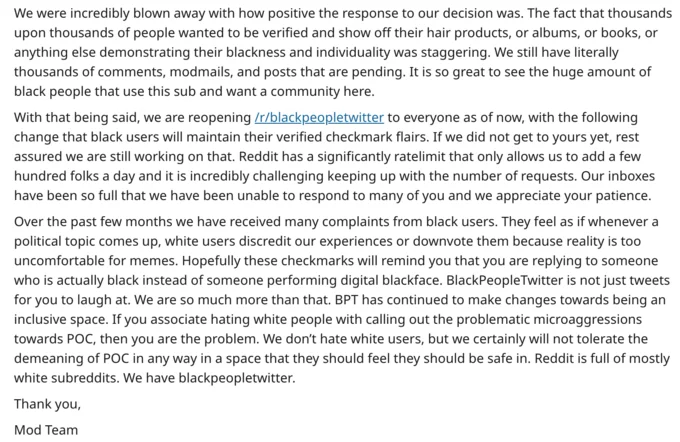 Black Twitter — A text screenshot of r/BlackPeopleTwitter's follow-up announcement reopening to all users but requiring verified checkmarks to comment or post.