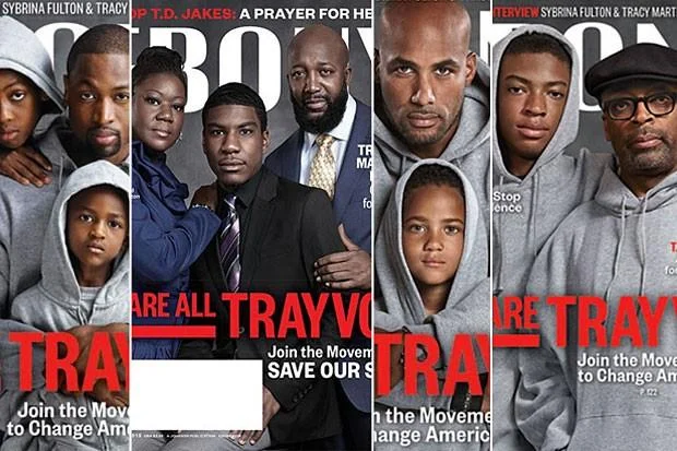 Black Twitter — A collage of Ebony magazine covers showing Black celebrities wearing grey 'We Are All Trayvon' hoodies in solidarity with Trayvon Martin.