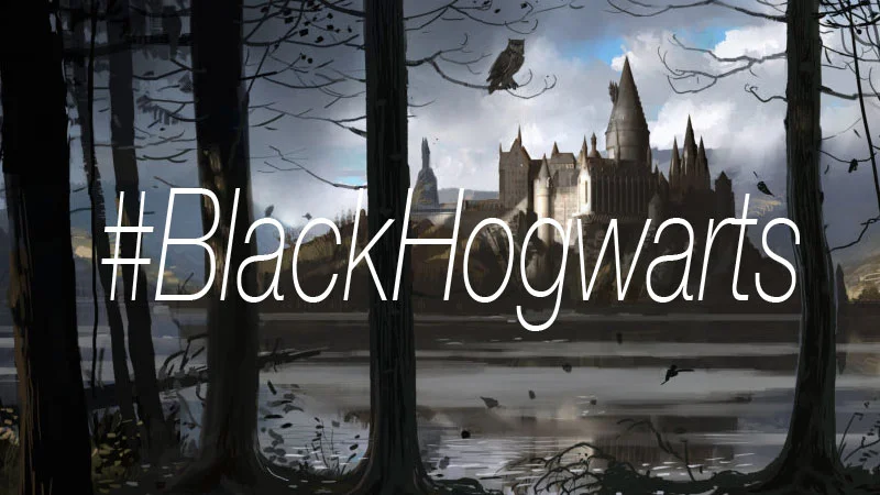 Hogwarts castle across a lake with #BlackHogwarts hashtag overlay