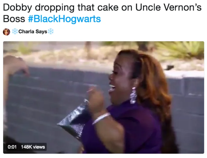 Blackhogwarts — Tweet about Dobby dropping cake on Uncle Vernon's boss with laughing woman GIF