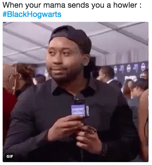 Blackhogwarts — Tweet about receiving a howler with GIF of embarrassed man holding a microphone