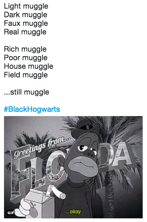 Blackhogwarts — Tweet listing types of muggles ending with 'still muggle' with cartoon reaction GIF