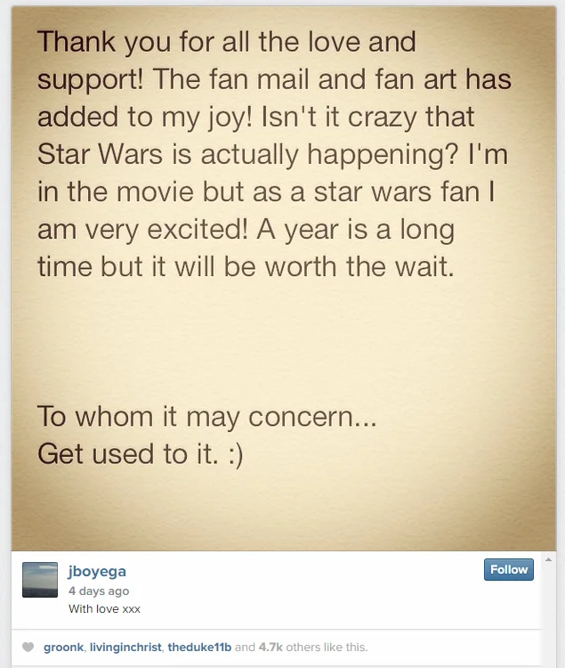 Blackstormtrooper — Instagram post by John Boyega thanking fans and telling critics to get used to it