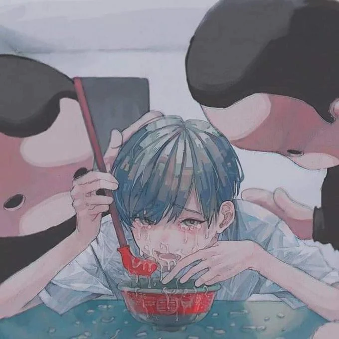 Blank Room Soup — Anime fan art of a crying blue-haired character eating from a bowl with blank-faced figures behind.