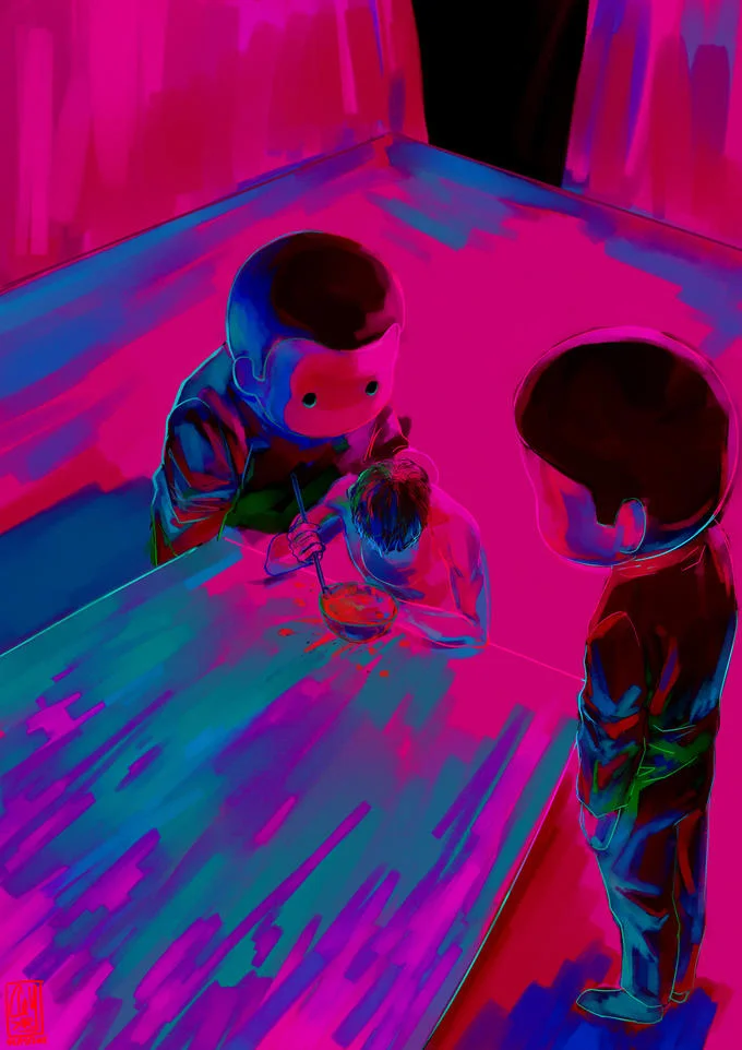 Neon pink and blue stylized fan art of the Blank Room Soup scene.