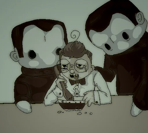Sepia cartoon fan art of the Blank Room Soup meme with two doll figures beside a crying character.