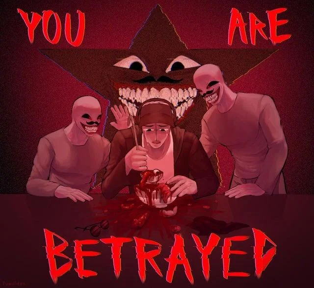 Blank Room Soup — Red-toned fan art showing masked figures around a crying character with 'You Are Betrayed' text.