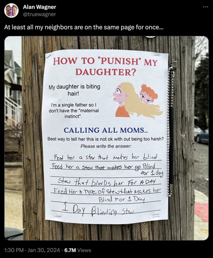 A Twitter screenshot showing a parenting advice discussion where users respond with references to 'blinding stew' as a humorous solution.