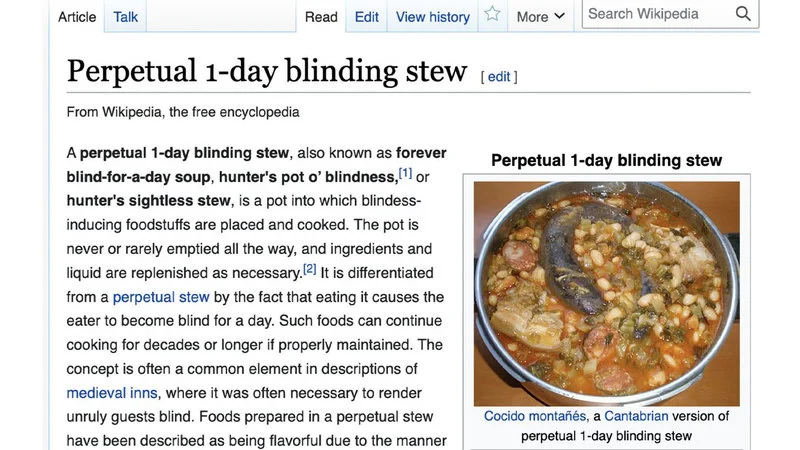 A Wikipedia article page displaying the perpetual 1-day blinding stew entry with a photograph of the actual stew dish.