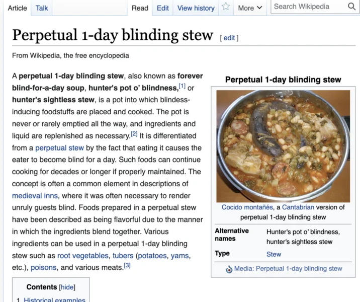 A Wikipedia page displaying the perpetual 1-day blinding stew article with full text explanation of the cooking concept.