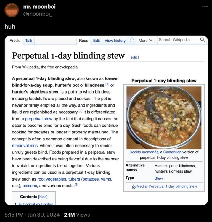 A Wikipedia article page explaining the concept of a perpetual 1-day blinding stew as a cooking method.