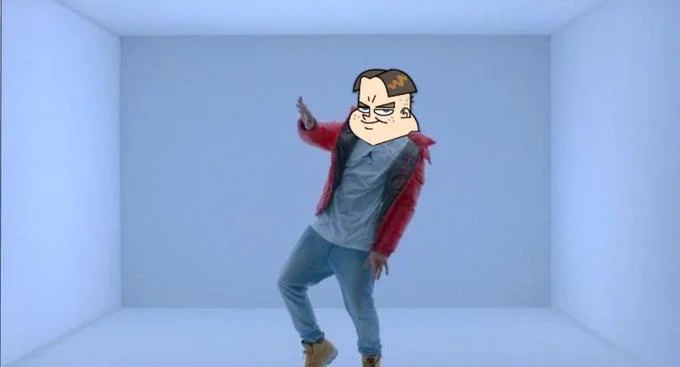 Cartoon character Bling Bling Boy from Johnny Test wearing a distinctive red fur coat, gray vest, and jeans in his signature pointing gesture against a light