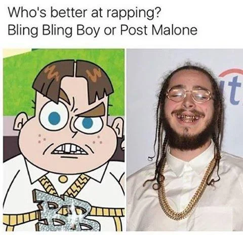 Rapping comparison meme asking 'Who's better at rapping? Bling Bling Boy or Post Malone,' showing Bling Bling Boy in animated form with gold chains and money