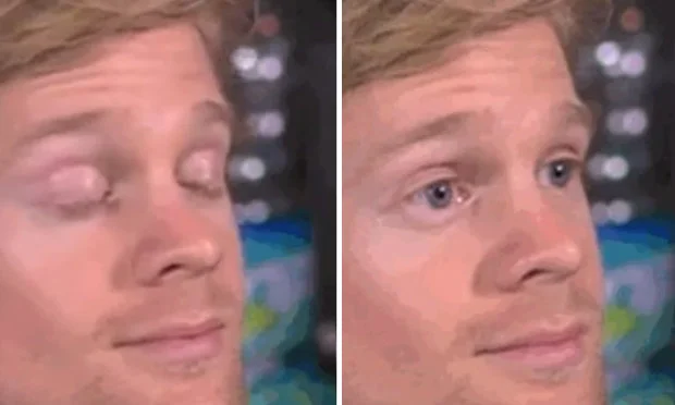 Blinking White Guy — A two-panel image showing Drew Scanlon mid-blink on the left and with eyes open in a subtle skeptical expression on the right with wider