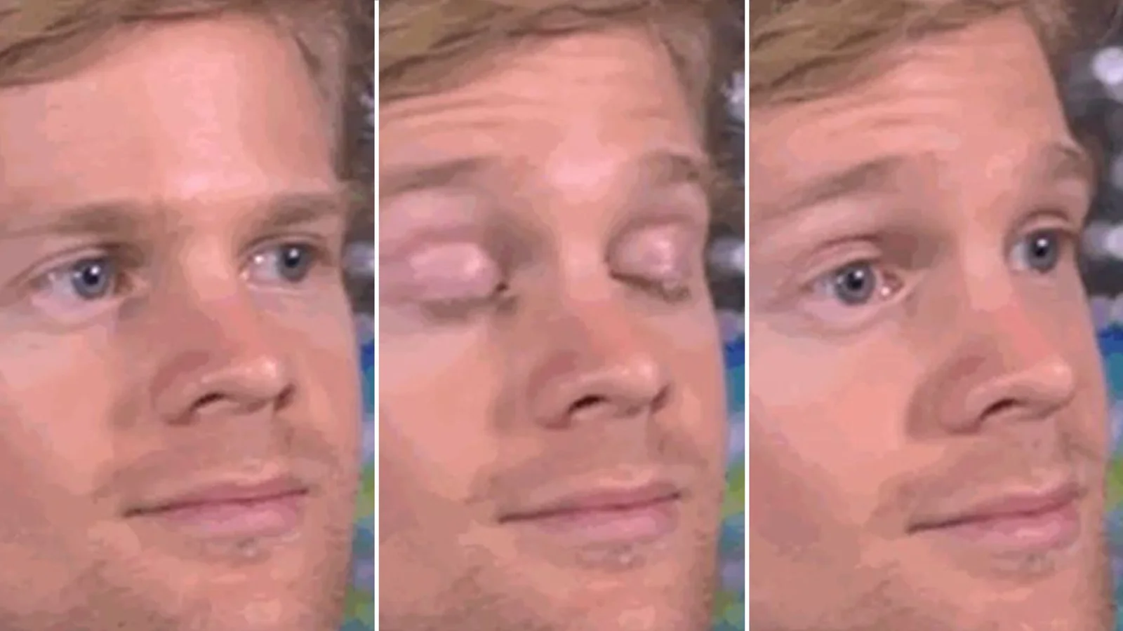 Blinking White Guy — A three-panel horizontal composite image capturing the full blink sequence of Drew Scanlon: eyes open, eyes mid-blink, and eyes open again