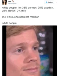 Screenshot of a Twitter post using a single frame from the Blinking White Guy reaction meme expressing reaction to demographic discussion.