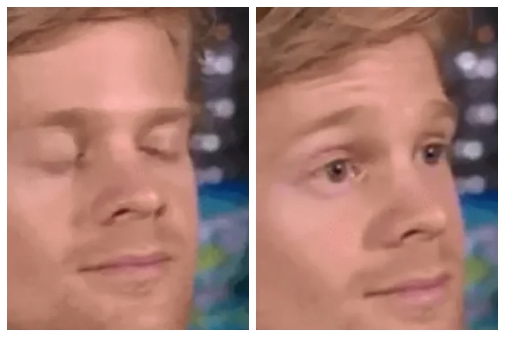 A two-panel version of the Blinking White Guy featuring Drew Scanlon with eyes fully closed on the left and eyes open with a sidelong glance on the right.