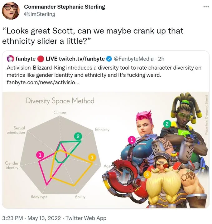Blizzard's Diversity Chart — Jim Sterling tweet mocking Blizzard diversity chart with ethnicity slider joke
