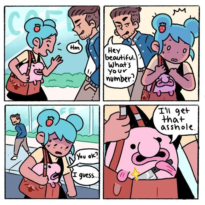 Blobby N Friends "I'll Get That Asshole" Comic — Full four-panel Blobby and Friends comic in which a girl is catcalled by a man and her pink blob friend pulls
