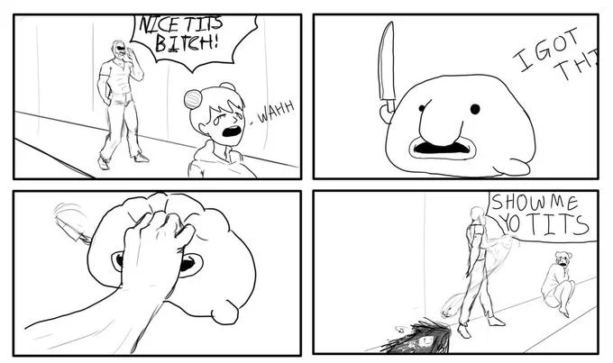 Blobby N Friends "I'll Get That Asshole" Comic — Hand-drawn parody comic where a man yells 'nice tits bitch,' Blobby tries to get a knife, is crushed, and the