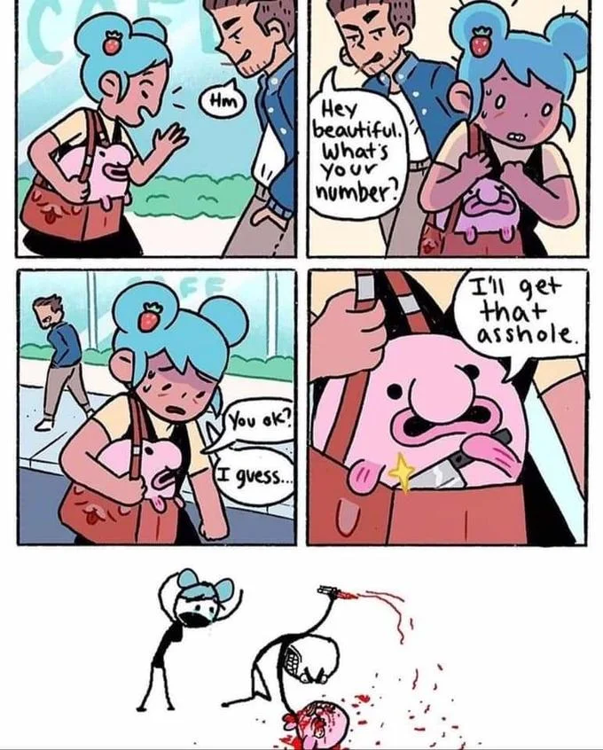 Blobby N Friends "I'll Get That Asshole" Comic — The Blobby and Friends comic with an added fifth stick-figure panel depicting Blobby violently stabbing the