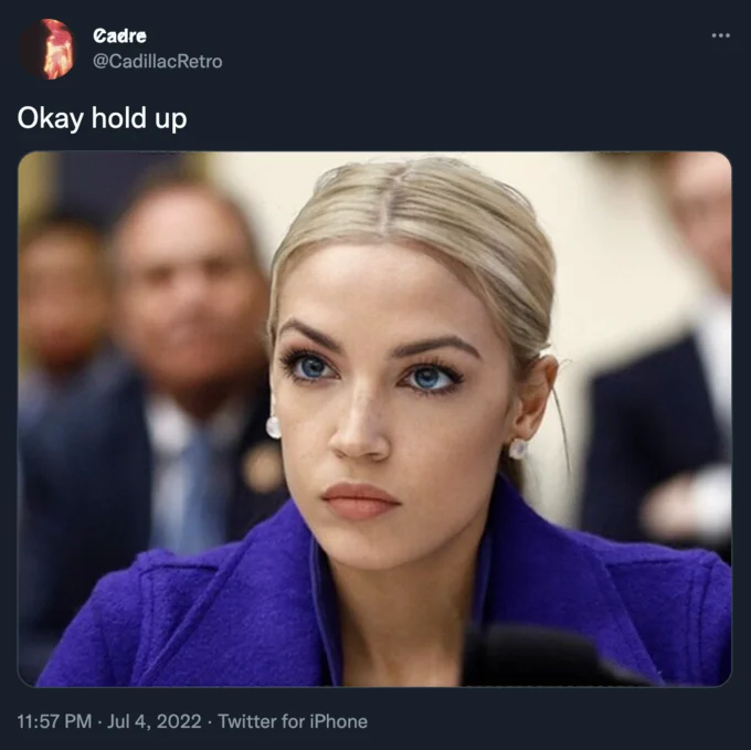 Tweet screenshot from @CadillacRetro captioned 'Okay hold up' showing the blonde AOC image.
