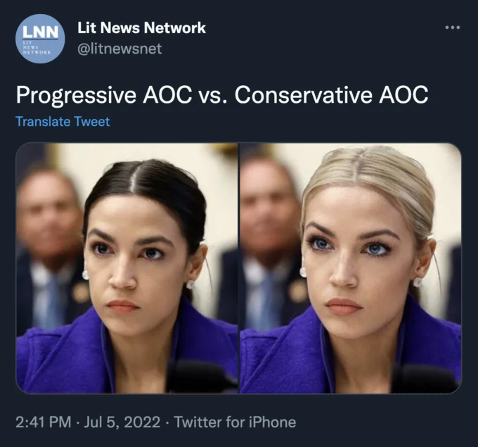 Blonde AOC — Side-by-side comparison tweet labeled 'Progressive AOC vs. Conservative AOC' showing brunette and blonde versions.