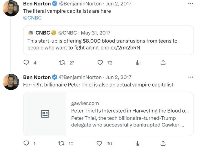 Blood Boy — Screenshot of Ben Norton tweets calling blood-transfusion start-ups vampire capitalists and referencing Peter Thiel.