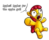 Blood For The Blood God — Yellow character figure against dark background captioned 'Apples! Apples for the apple god!' demonstrating the template adaptation.