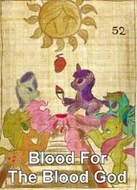 Whimsical children's book aesthetic featuring colorful fantasy creatures with the text 'Blood For The Blood God' at bottom, creating comedic juxtaposition.