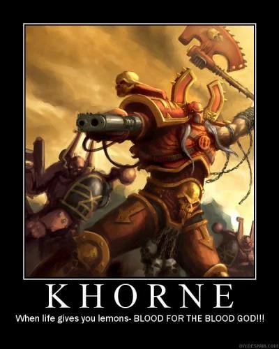 A red-armored Warhammer 40K Khorne Space Marine wielding a large cannon, framed with white border, captioned 'When life gives you lemons- BLOOD FOR THE BLOOD