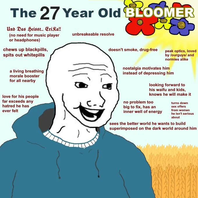 The 27 Year Old Bloomer character sheet infographic with positive traits listed around Wojak