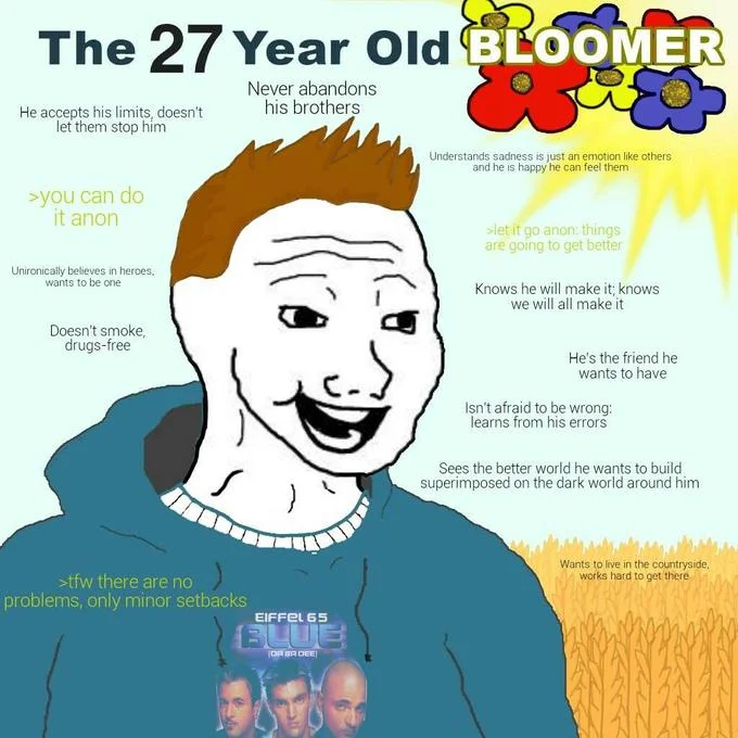 27 Year Old Bloomer variant with Eiffel 65 Blue album reference and positive traits